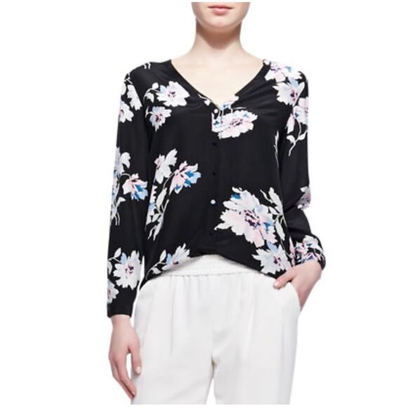 Joie Women’s Sz S Black Silk Floral V-Neck Blouse Top Michi Print - Picture 1 of 13